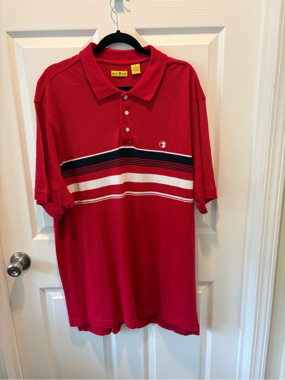 Duck Head Red Polo with Navy and White Stripes